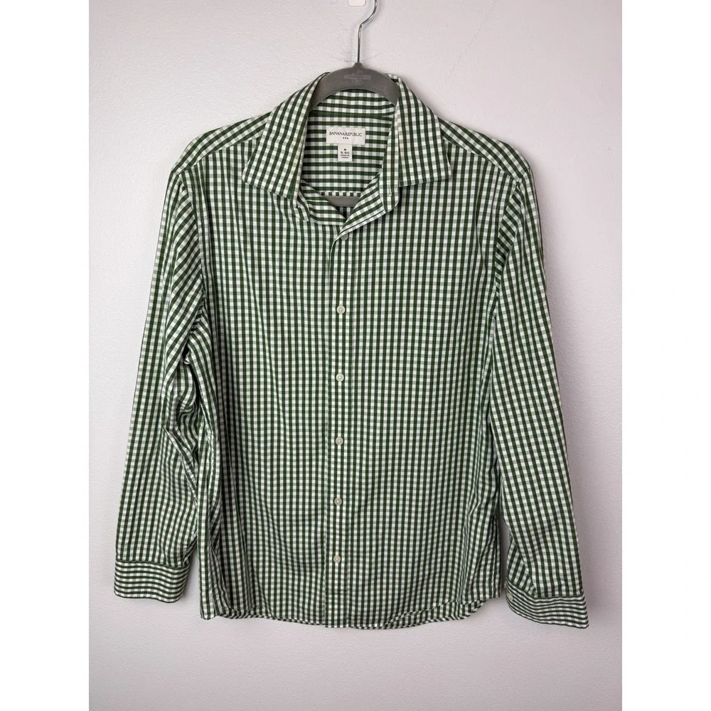 Banana Republic Button Up Shirt Mens Large 15 -‎ 15.5 Green White Plaid